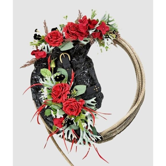 Artificial Floral Wreath With Red Roses & Greenery On Black Textured Base & Rope - Picture 7 of 14
